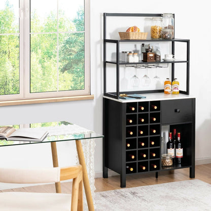 Estantería de cocina para panadero con botellero independiente, mesa con soporte para copas y cajón - Negra