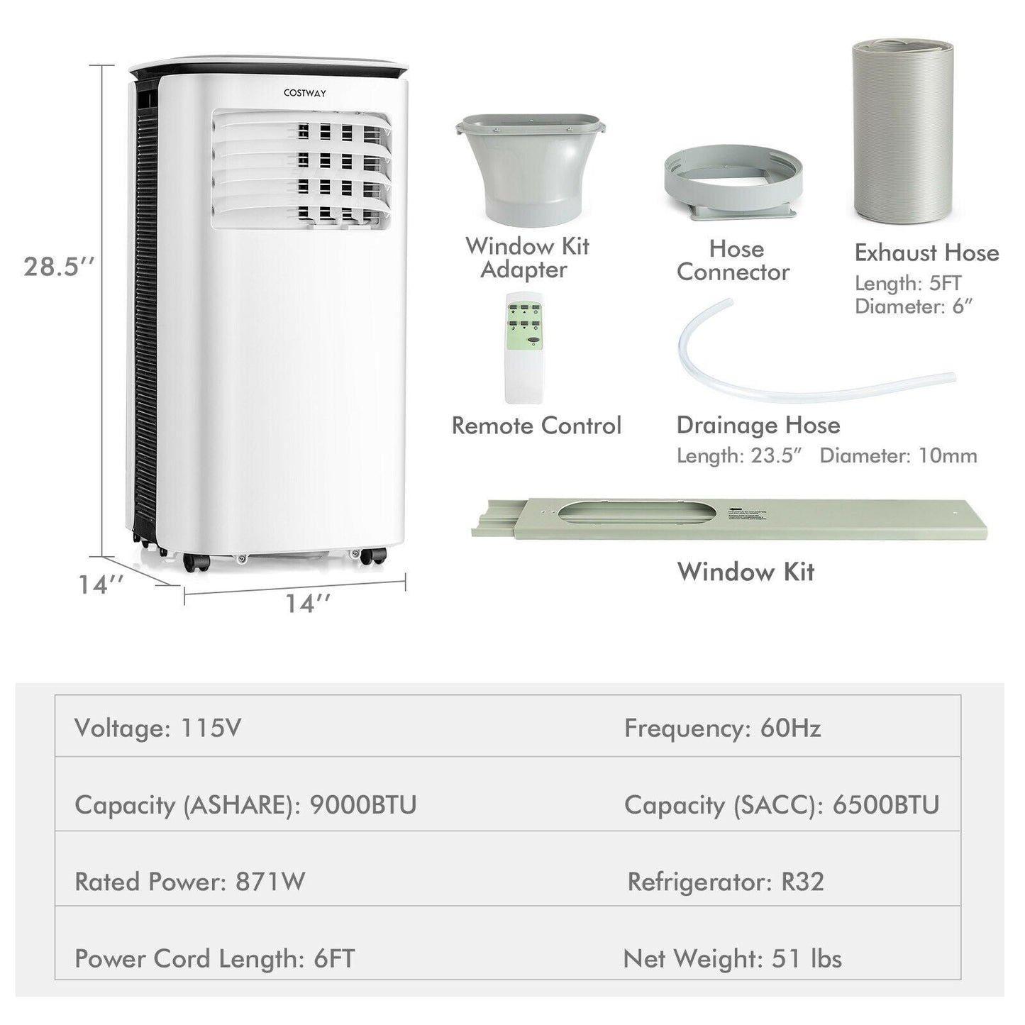 Acondicionador de aire portátil 3 en 1 de 9000 BTU con ventilador y deshumidificador - Blanco