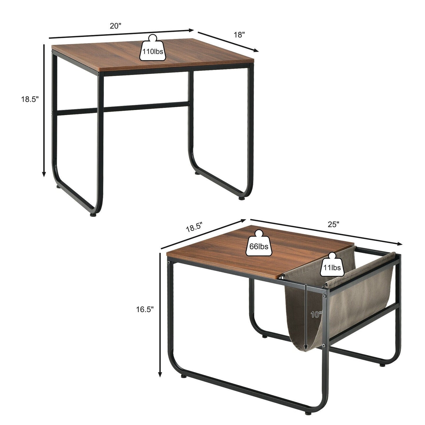 Juego de 2 mesas de centro nido con bolsillo lateral para sala de estar/dormitorio-Marrón rústico