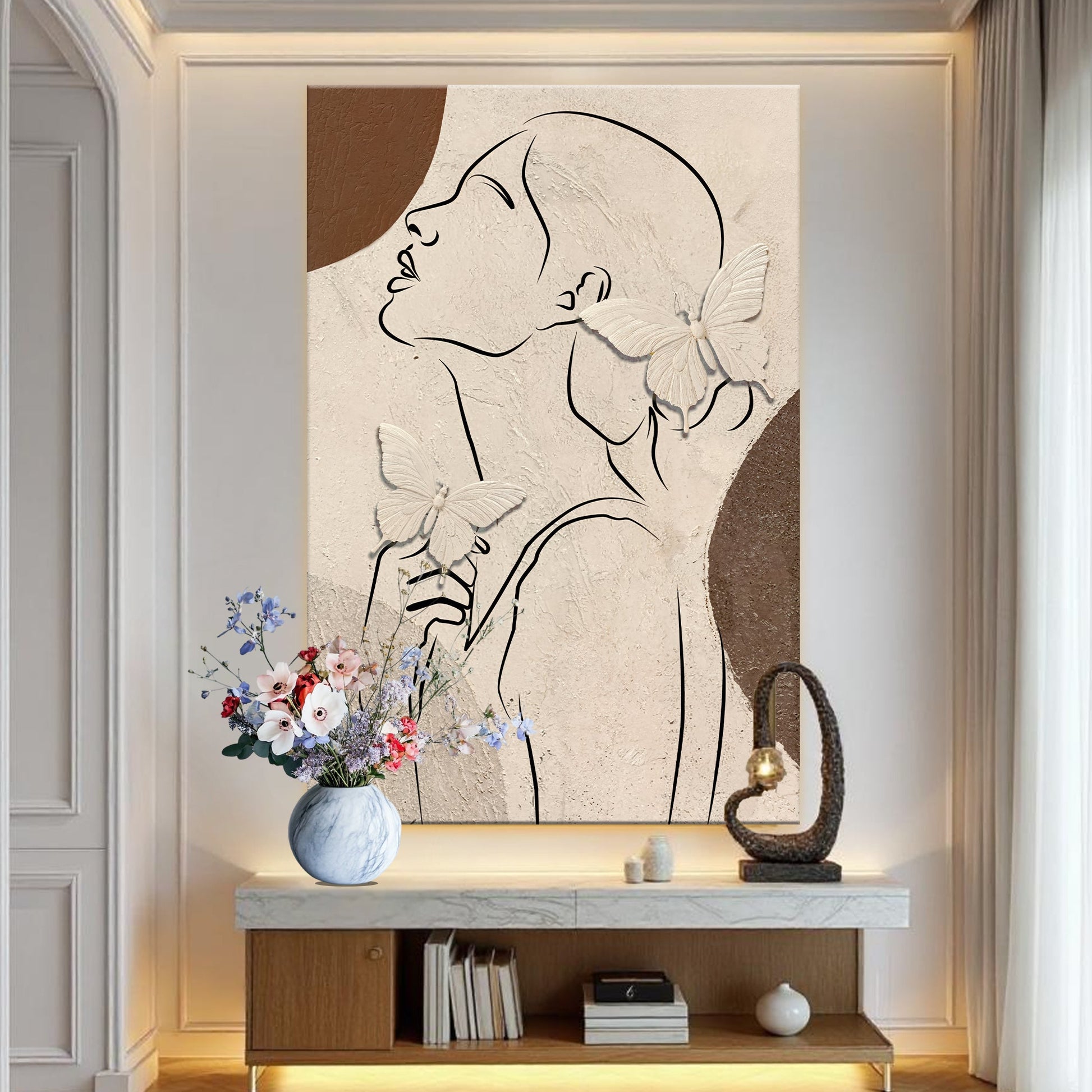 Minimalist Woman Line Art Canvas Wall Art beige textured background with butterfly accents on Tampa Home & Garden Store