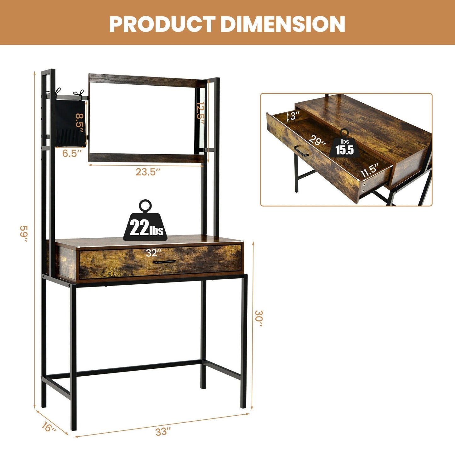 Tocador industrial con espejo ajustable en 3 alturas y bolsa, color marrón