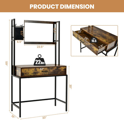 Tocador industrial con espejo ajustable en 3 alturas y bolsa, color marrón