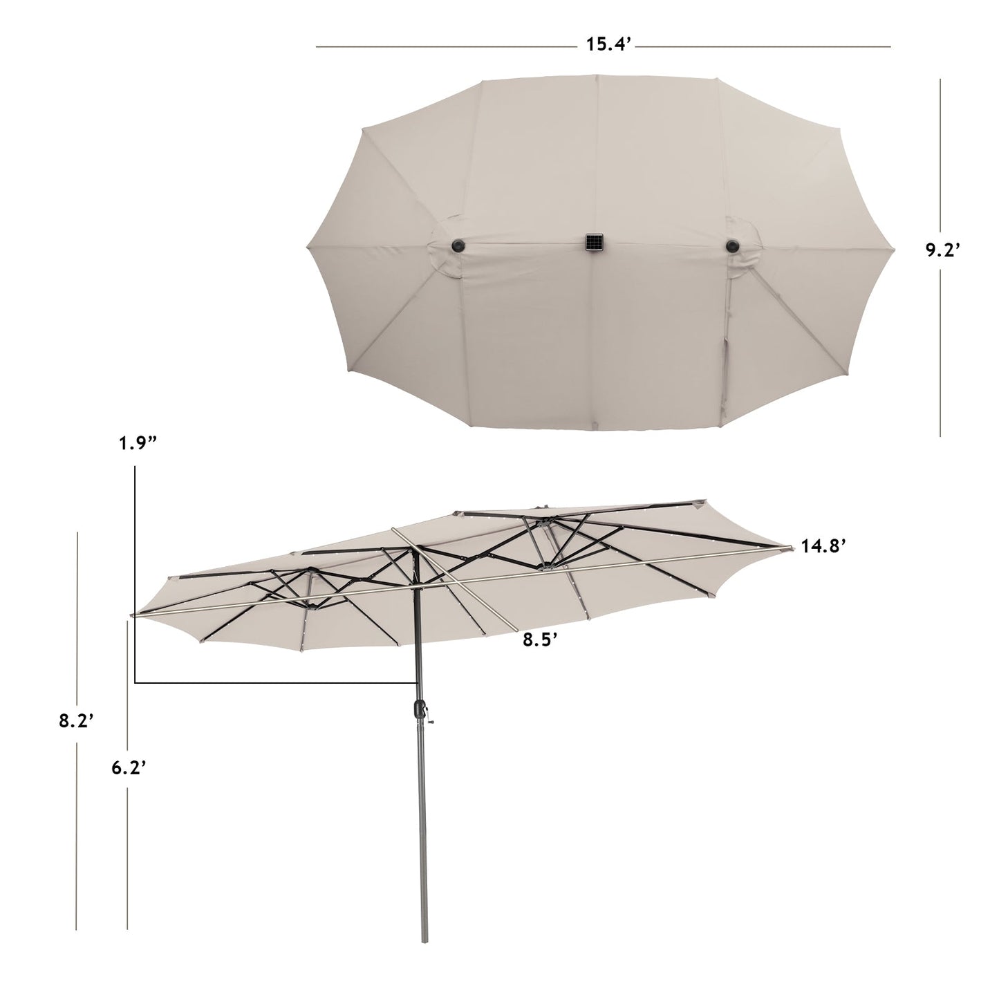 Sombrilla doble de 4,5 metros para patio con 48 luces LED solares - Beige