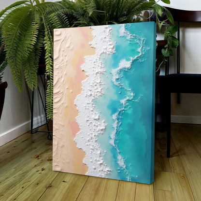3D minimalist pink and blue ocean canvas art with textured white shoreline Tailored Canvases on Tampa Home & Garden Store