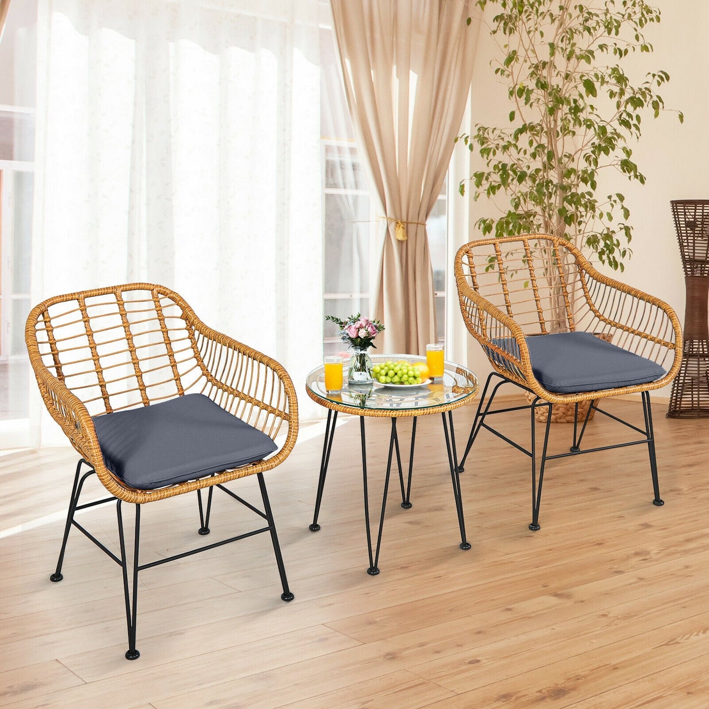 3 Pieces Rattan Furniture Set with Cushioned Chair Table-Black