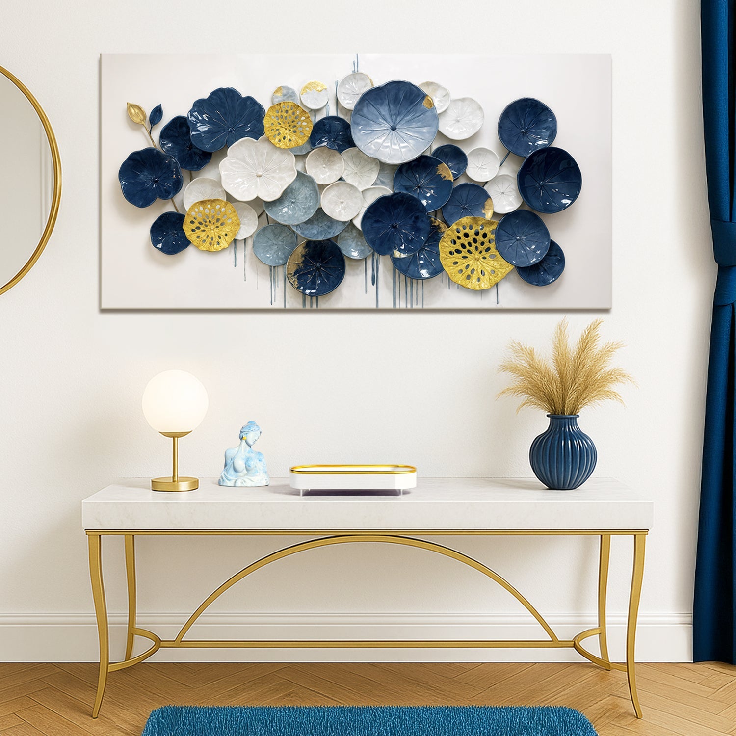 Lotus Leaf Abstract Wall Art VII canvas featuring navy blue, white and gold circular leaves on Tampa Home & Garden Store