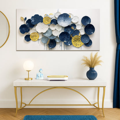 Lotus Leaf Abstract Wall Art VII canvas featuring navy blue, white and gold circular leaves on Tampa Home & Garden Store