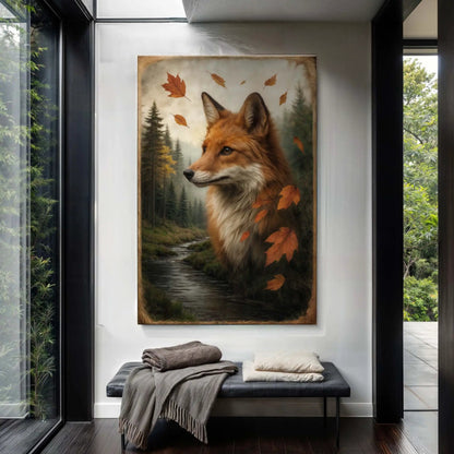Autumn Fox Double Exposure Canvas by Tailored Canvases with fox portrait and falling leaves on Tampa Home & Garden Store