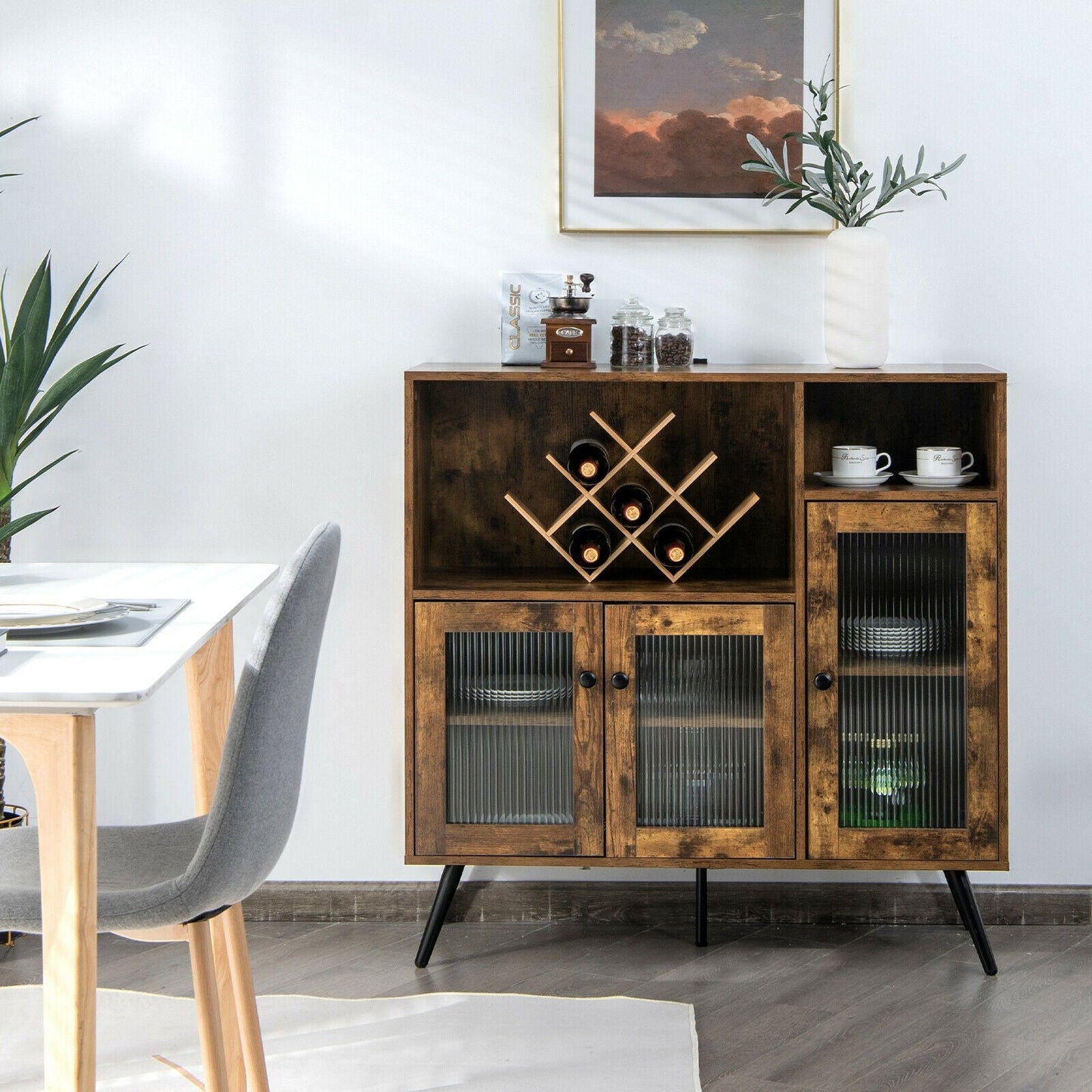 Aparador de cocina con puerta de cristal y estantes ajustables - Marrón rústico