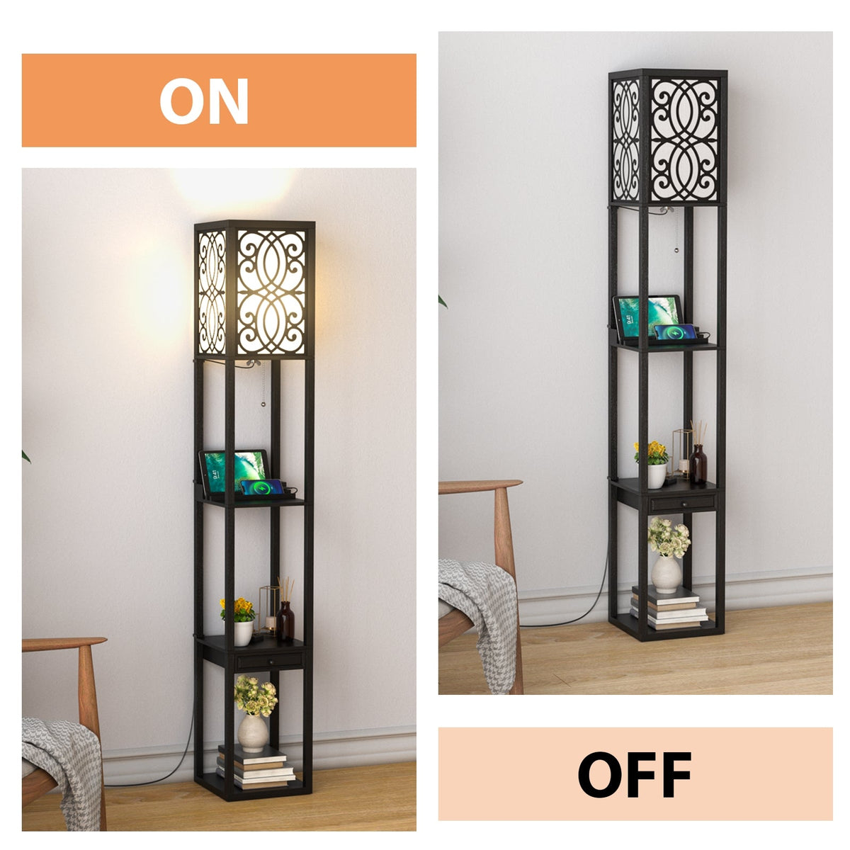 DirectDeals modern standing shelf lamp with 1 power outlet and 2 USB ports, black metal frame on Tampa Home & Garden Store
