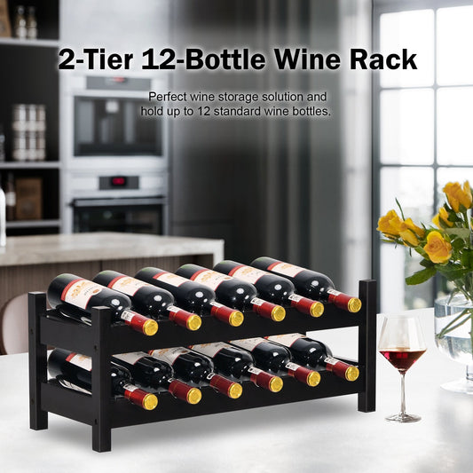 2-Tier 12 Bottles Bamboo Storage Shelf Wine Rack