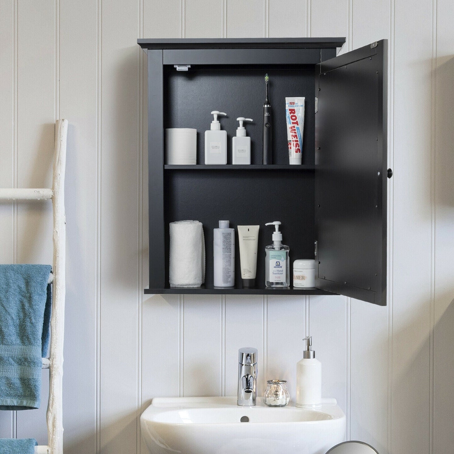 Armario con espejo de baño montado en la pared con estante ajustable en altura de 5 niveles - Negro