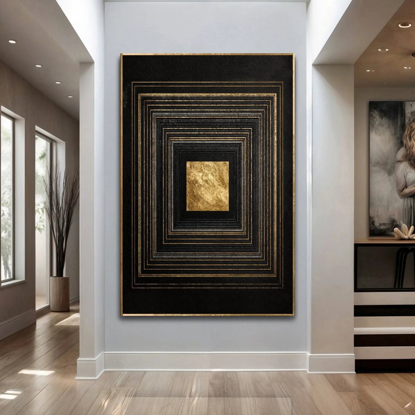 Black and gold core wall art canvas by Tailored Canvases with a geometric square design on Tampa Home & Garden Store
