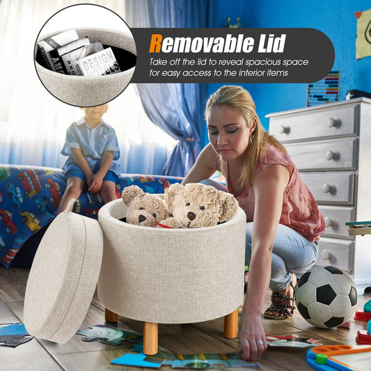 Round Fabric Storage Ottoman with Tray and Non-Slip Pads for Bedroom-Beige - Tampa Home & Garden Store