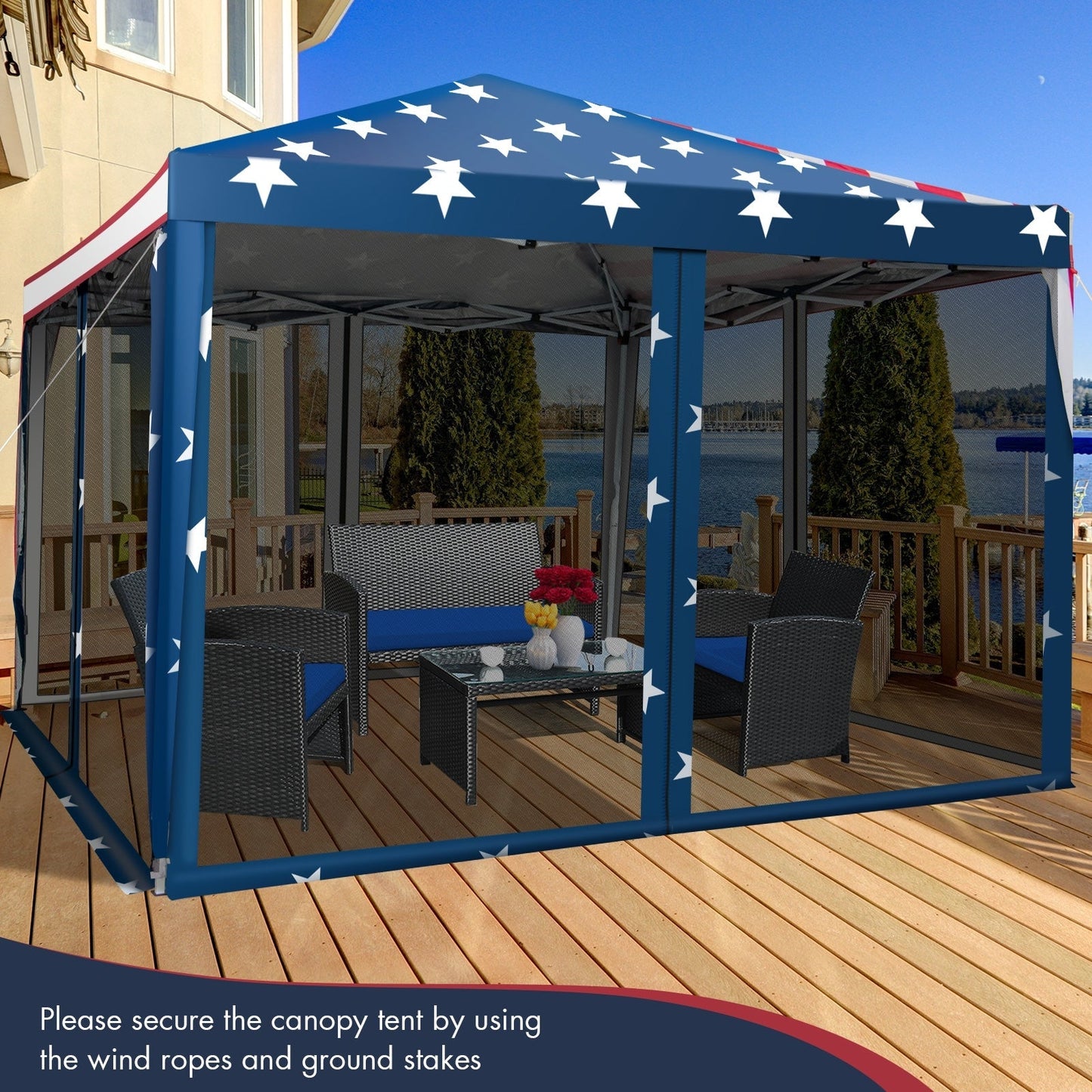 GemGear 10 ft x 10 ft pop-up canopy tent with blue star-spangled top and mesh netting on Tampa Home & Garden Store