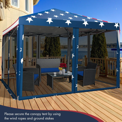 GemGear 10 ft x 10 ft pop-up canopy tent with blue star-spangled top and mesh netting on Tampa Home & Garden Store
