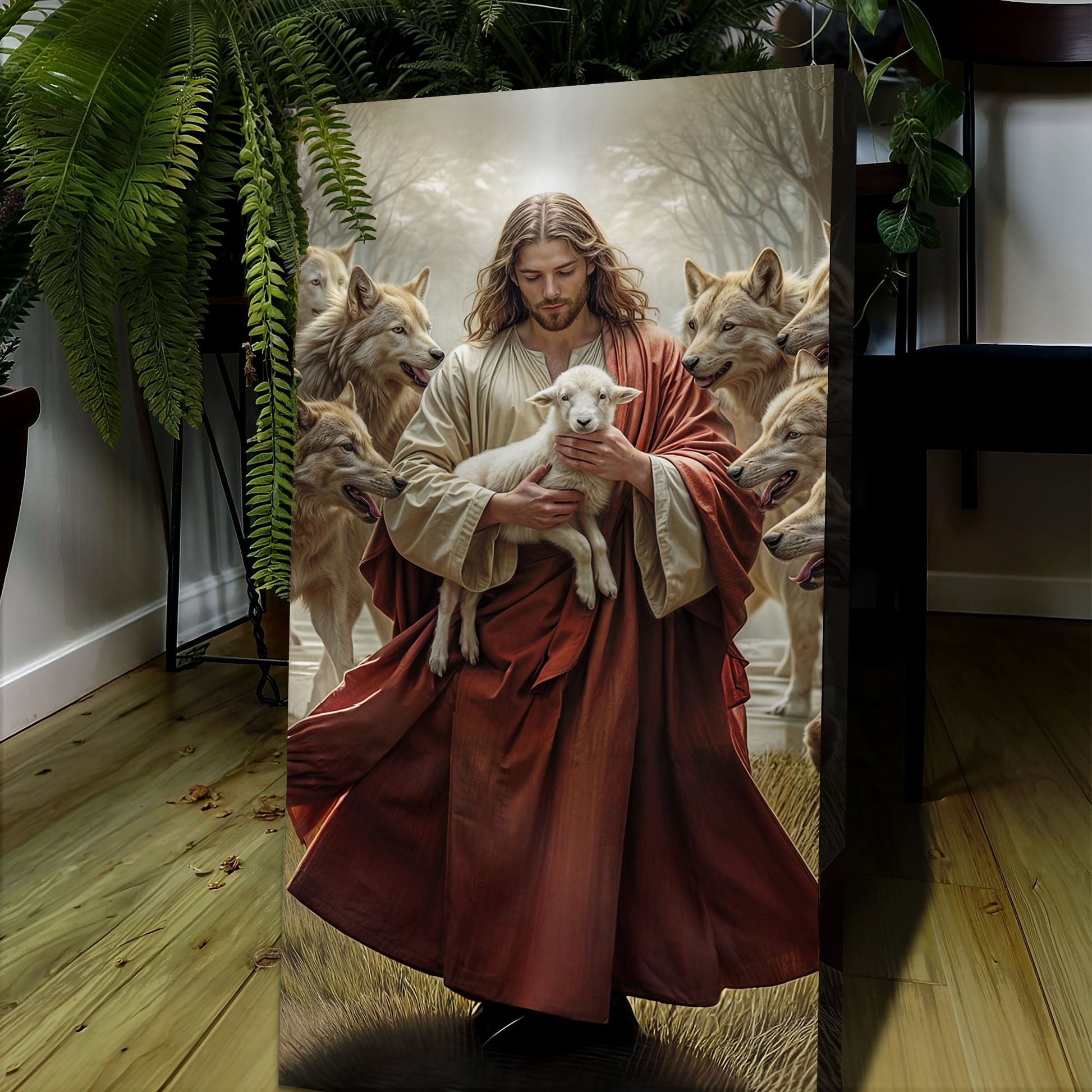 Jesus Protects The Lamb From Wolves Wall Art VI canvas with Jesus and lamb among wolves on Tampa Home & Garden Store