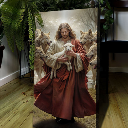 Jesus Protects The Lamb From Wolves Wall Art VI canvas with Jesus and lamb among wolves on Tampa Home & Garden Store