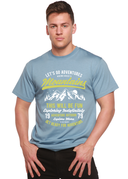 Let's Go Adventure graphic tee, bamboo viscose/organic cotton, light blue mountains print on Tampa Home & Garden Store