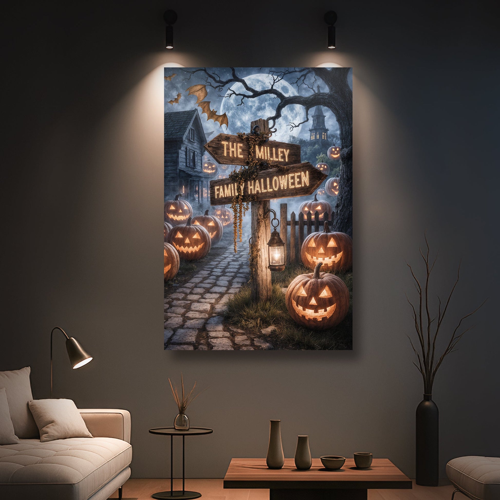 Personalized Family Name Street Sign Halloween Wall Art Tailored Canvases canvas with pumpkins on Tampa Home & Garden Store