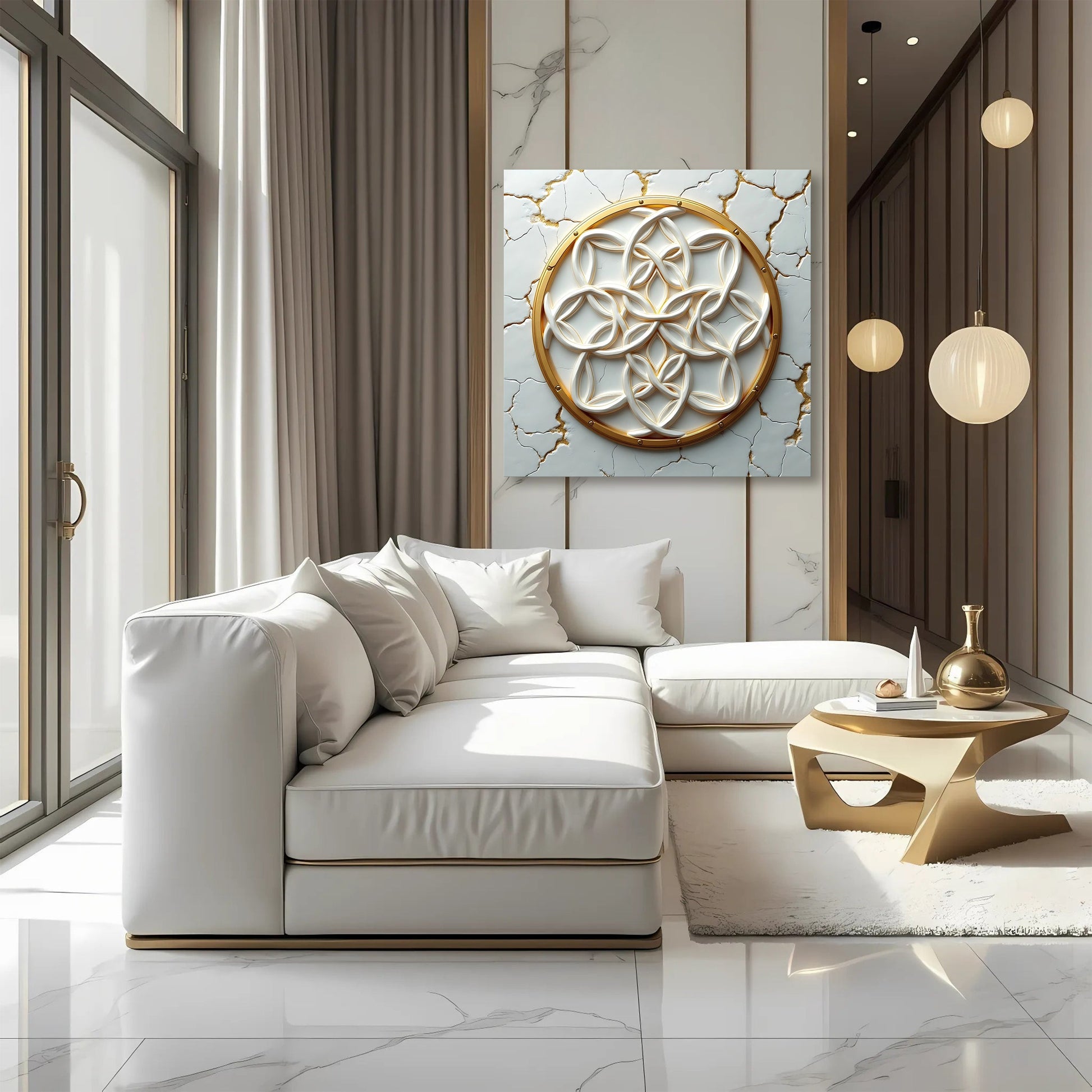 Flower Of Life IV canvas wall art with gold frame and white lattice on marble backdrop on Tampa Home & Garden Store