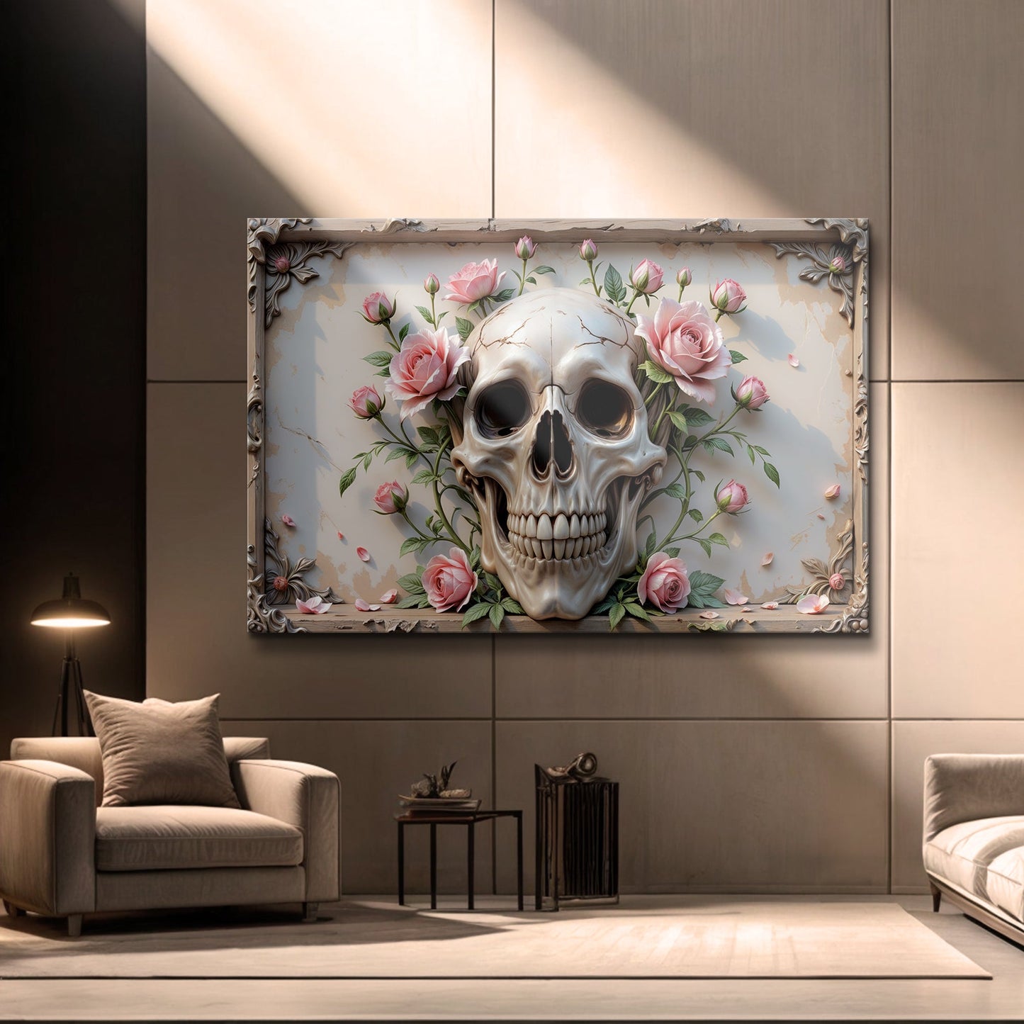 3D Rose and Skull canvas wall art by Tailored Canvases with pink roses and ornate frame on Tampa Home & Garden Store