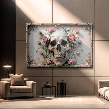 3D Rose and Skull canvas wall art by Tailored Canvases with pink roses and ornate frame on Tampa Home & Garden Store