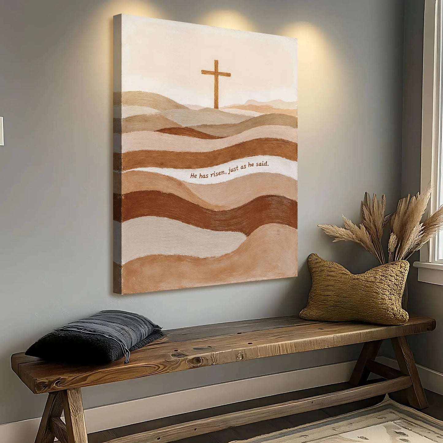 Canvas He Has Risen Just As He Said Faith Sign with brown desert hills and cross on Tampa Home & Garden Store