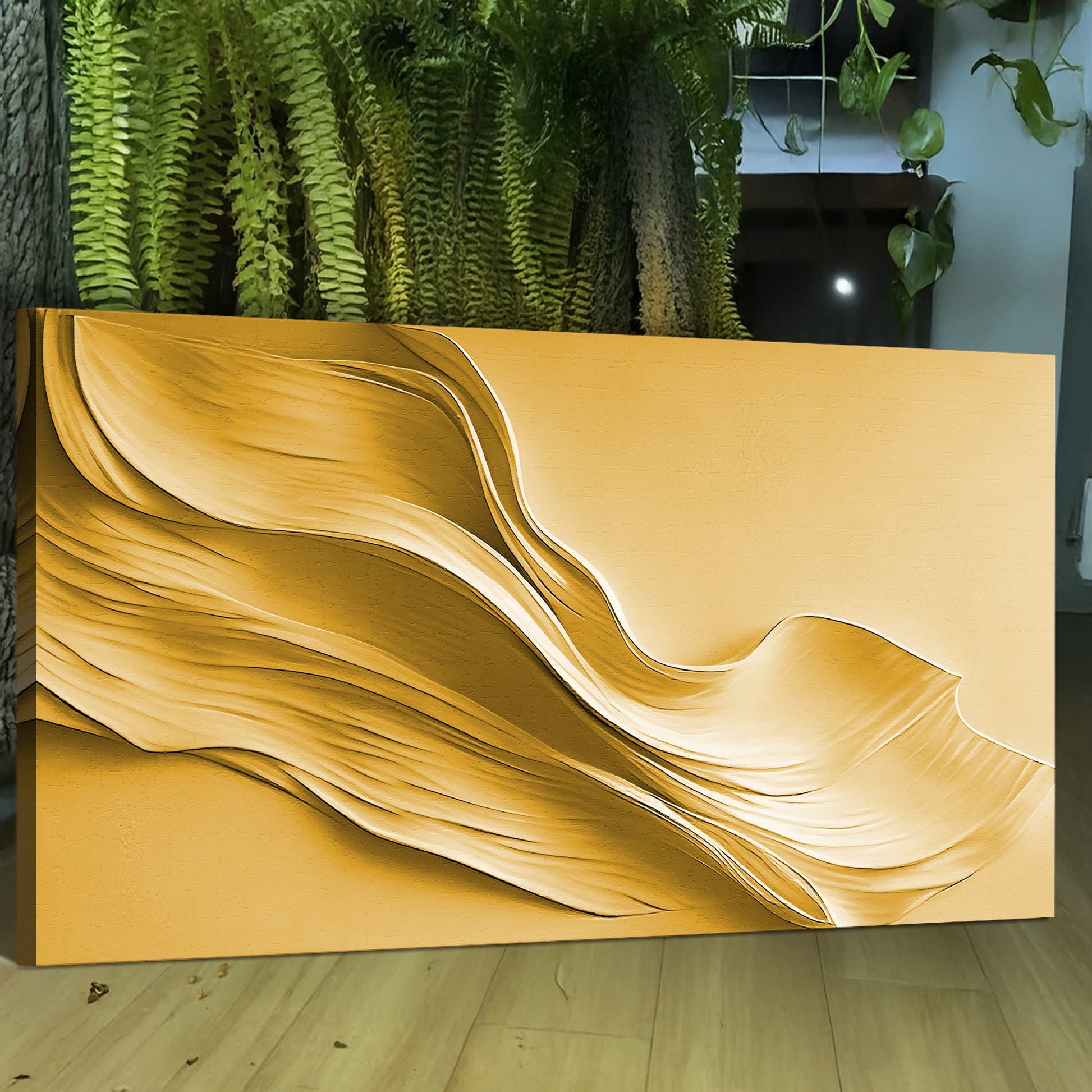 Gold Minimalist Wall Art II canvas by Tailored Canvases featuring flowing gold curves on Tampa Home & Garden Store