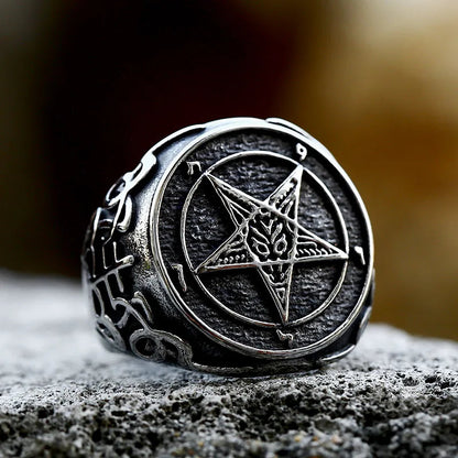 Hellstar Ring, silver-tone biker ring with pentagram goat-head motif by BikerZoneZ on Tampa Home & Garden Store
