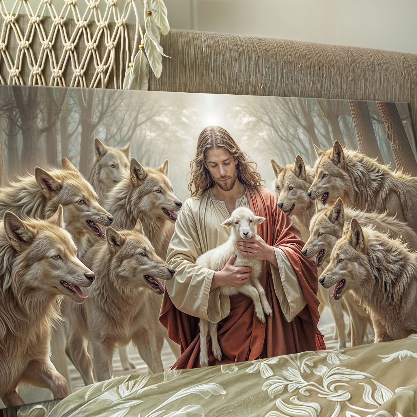 Canvas Jesus Protects The Lamb From Wolves Faith Wall Art II with howling wolves on Tampa Home & Garden Store