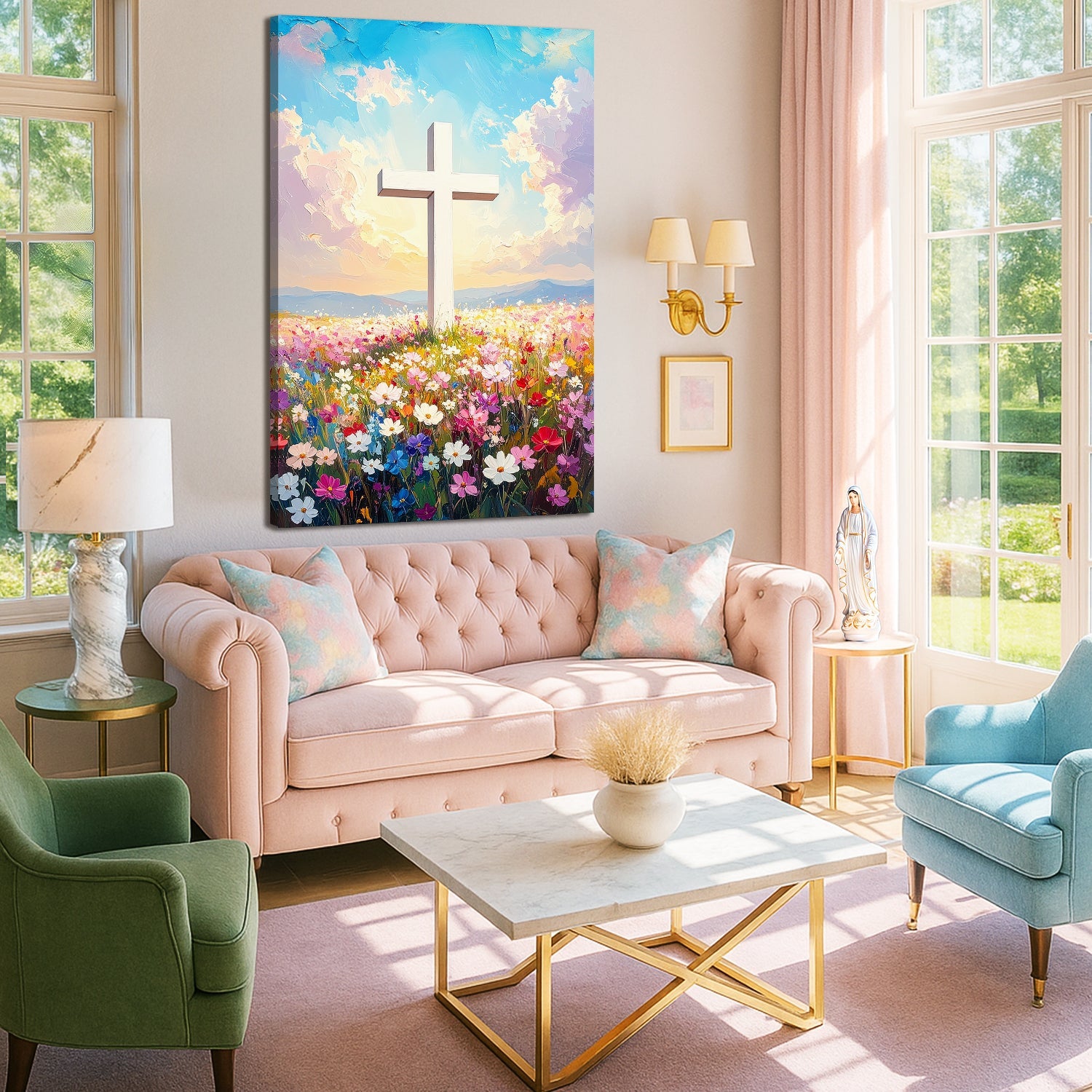 Cross Floral Field Faith Wall Art Canvas by Tailored Canvases with white cross among blooms on Tampa Home & Garden Store