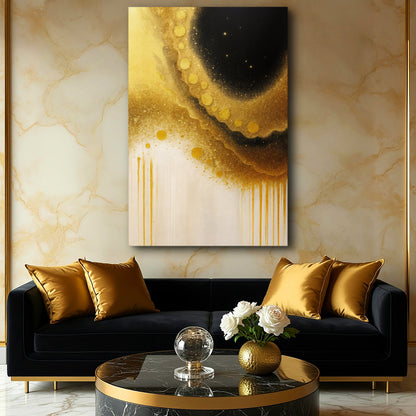 Minimalist Black and Gold Wall Art canvas; gold on black abstract in a modern living room on Tampa Home & Garden Store