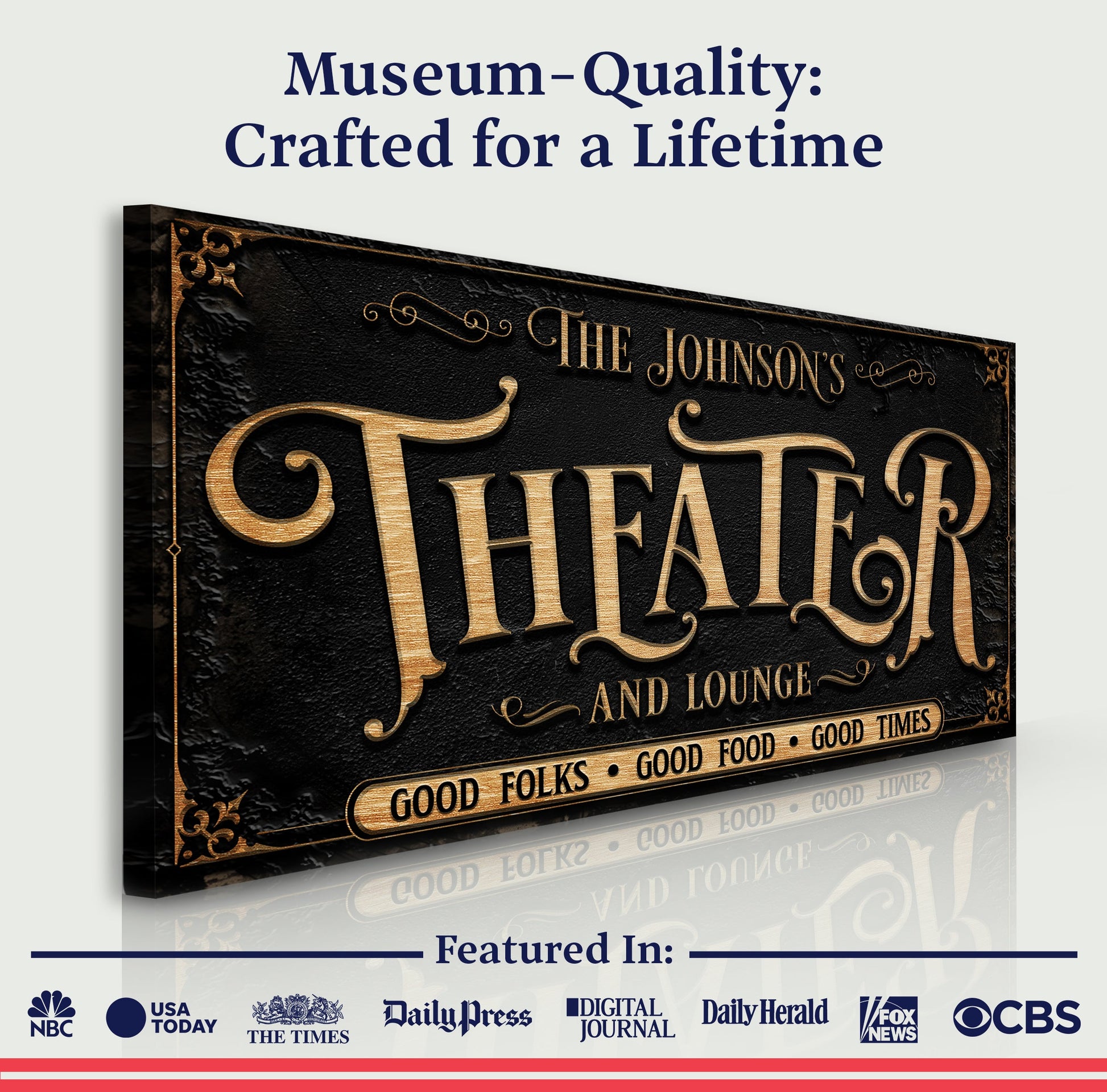 Personalized Theater Sign III canvas by Tailored Canvases in black and gold ornate style on Tampa Home & Garden Store