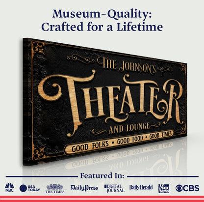 Personalized Theater Sign III canvas by Tailored Canvases in black and gold ornate style on Tampa Home & Garden Store