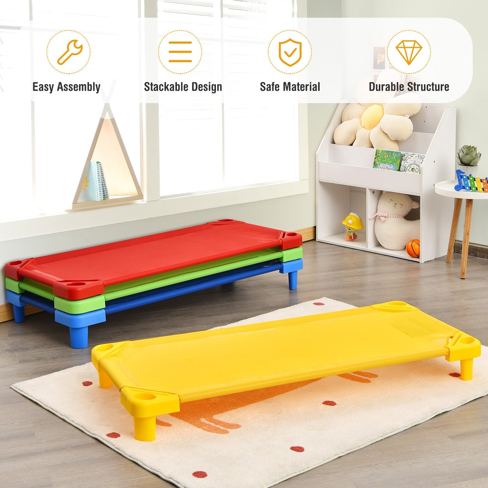 GemGear 4-pack colorful kids stackable naptime cots with red, green, blue frames on Tampa Home & Garden Store