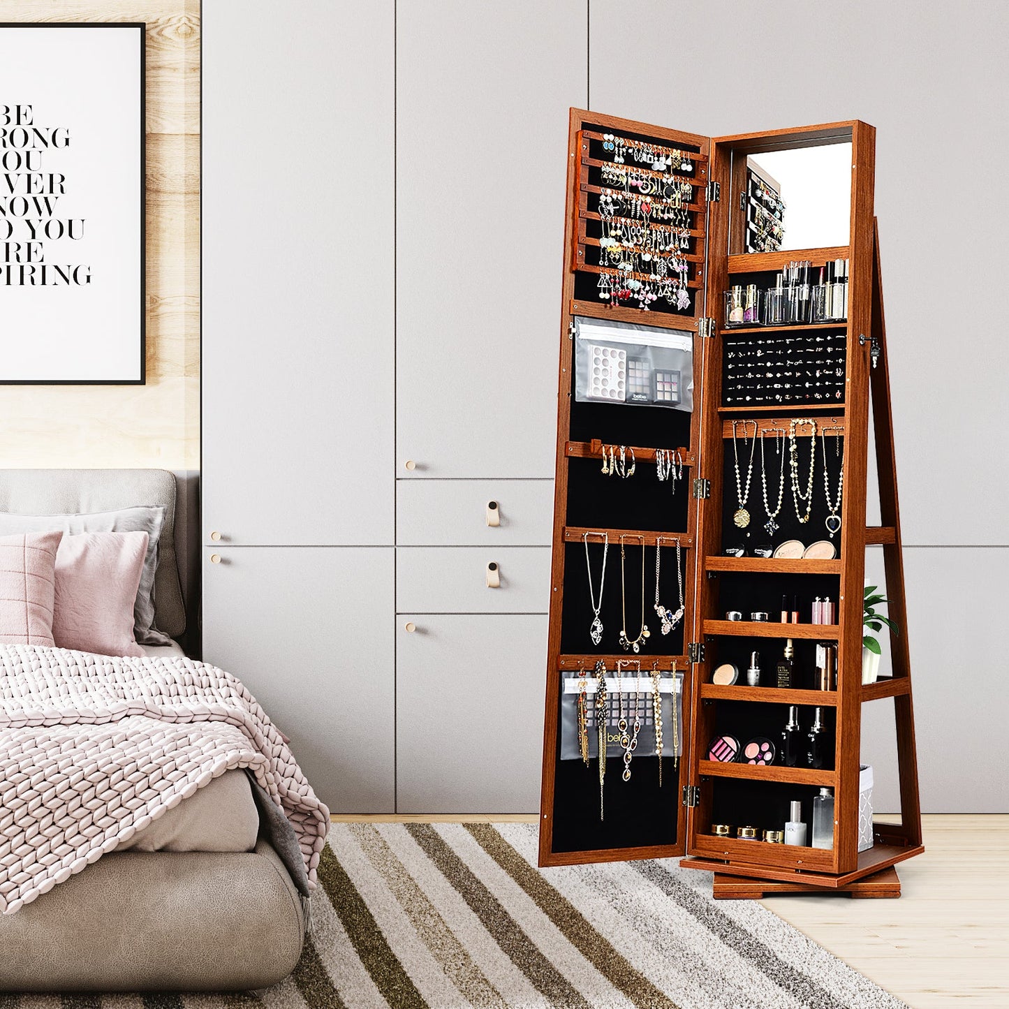 360° Rotatable 2-in-1 Lockable Jewelry Cabinet with Full-Length Mirror-Brown