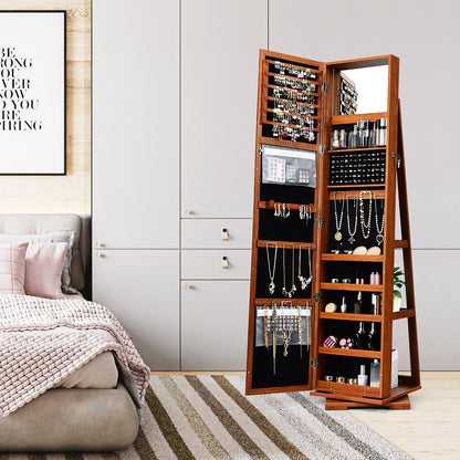 360° Rotatable 2-in-1 Lockable Jewelry Cabinet with Full-Length Mirror-Brown