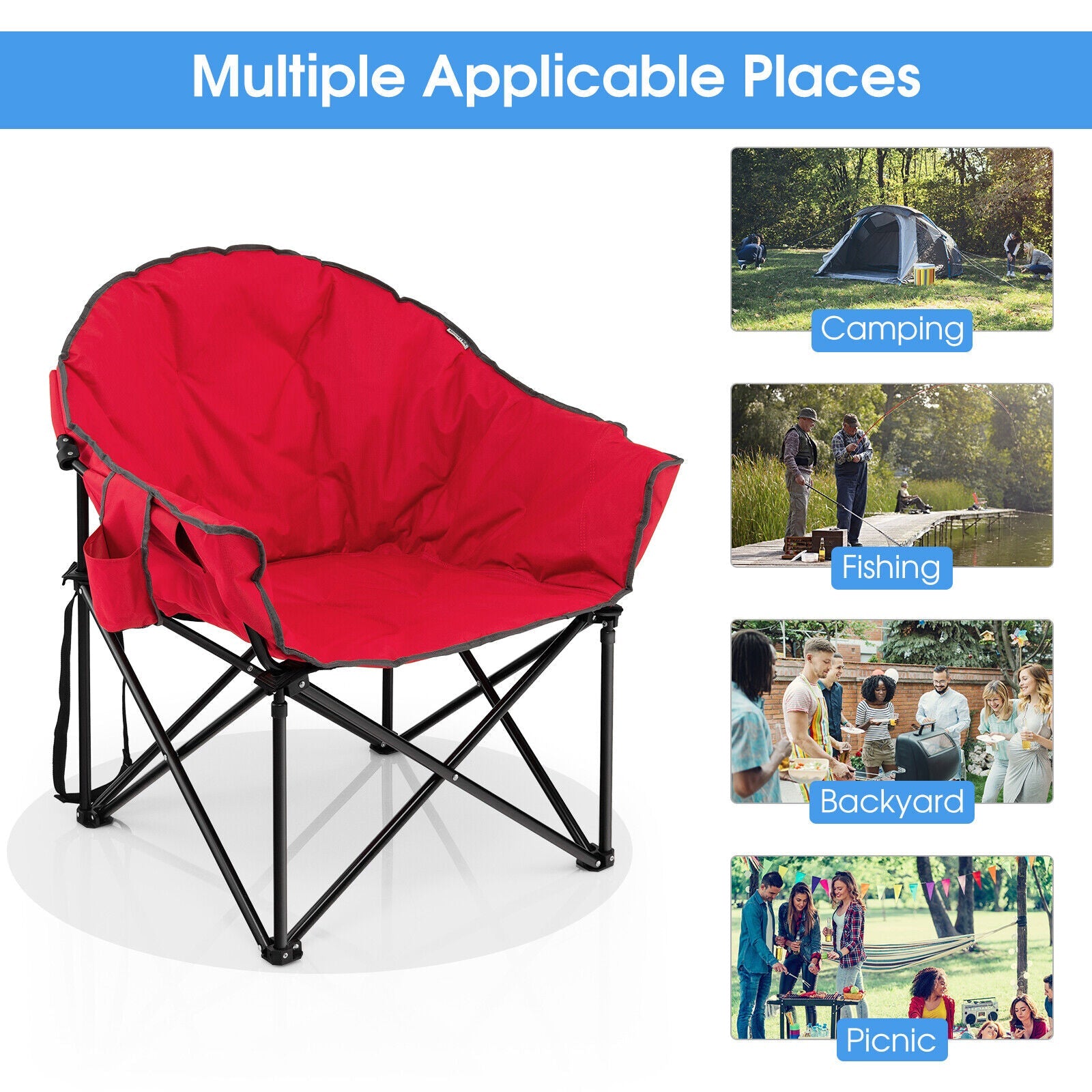 GemGear folding camping moon padded chair in red with black metal frame on Tampa Home & Garden Store