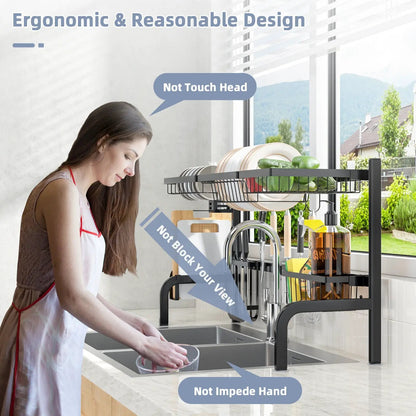 2 Tier Over Sink Dish Drying Rack With 8 Hooks