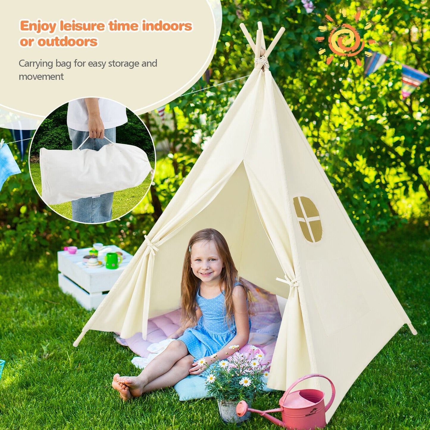 Foldable Kids Canvas Teepee Play Tent by GemGear in cream canvas with girl inside on a pink mat on Tampa Home & Garden Store