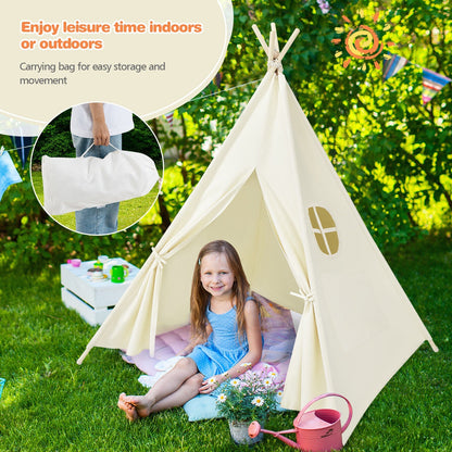 Foldable Kids Canvas Teepee Play Tent by GemGear in cream canvas with girl inside on a pink mat on Tampa Home & Garden Store