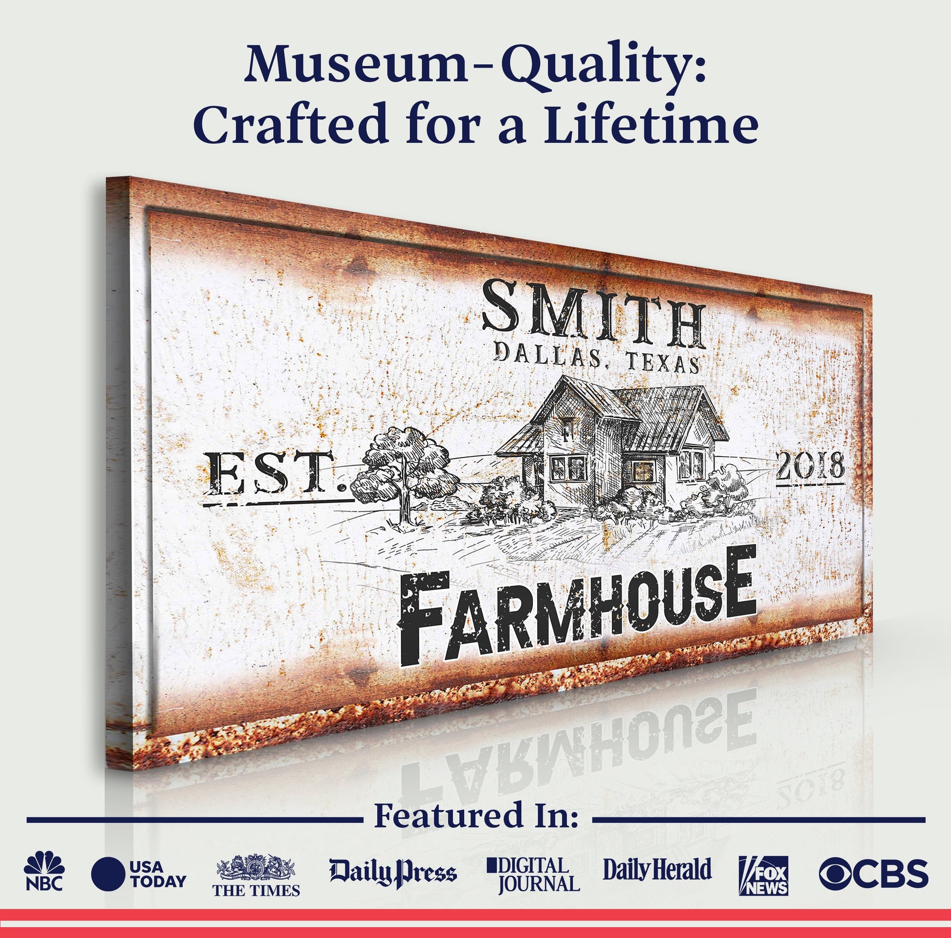 Rustic Farmhouse Personalized Sign III canvas with vintage house on Tampa Home & Garden Store