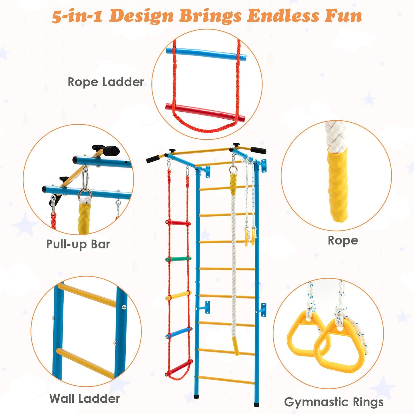 7 In 1 Kids Indoor Gym Playground Swedish Wall Ladder for Solid Wall-Yellow - Tampa Home & Garden Store