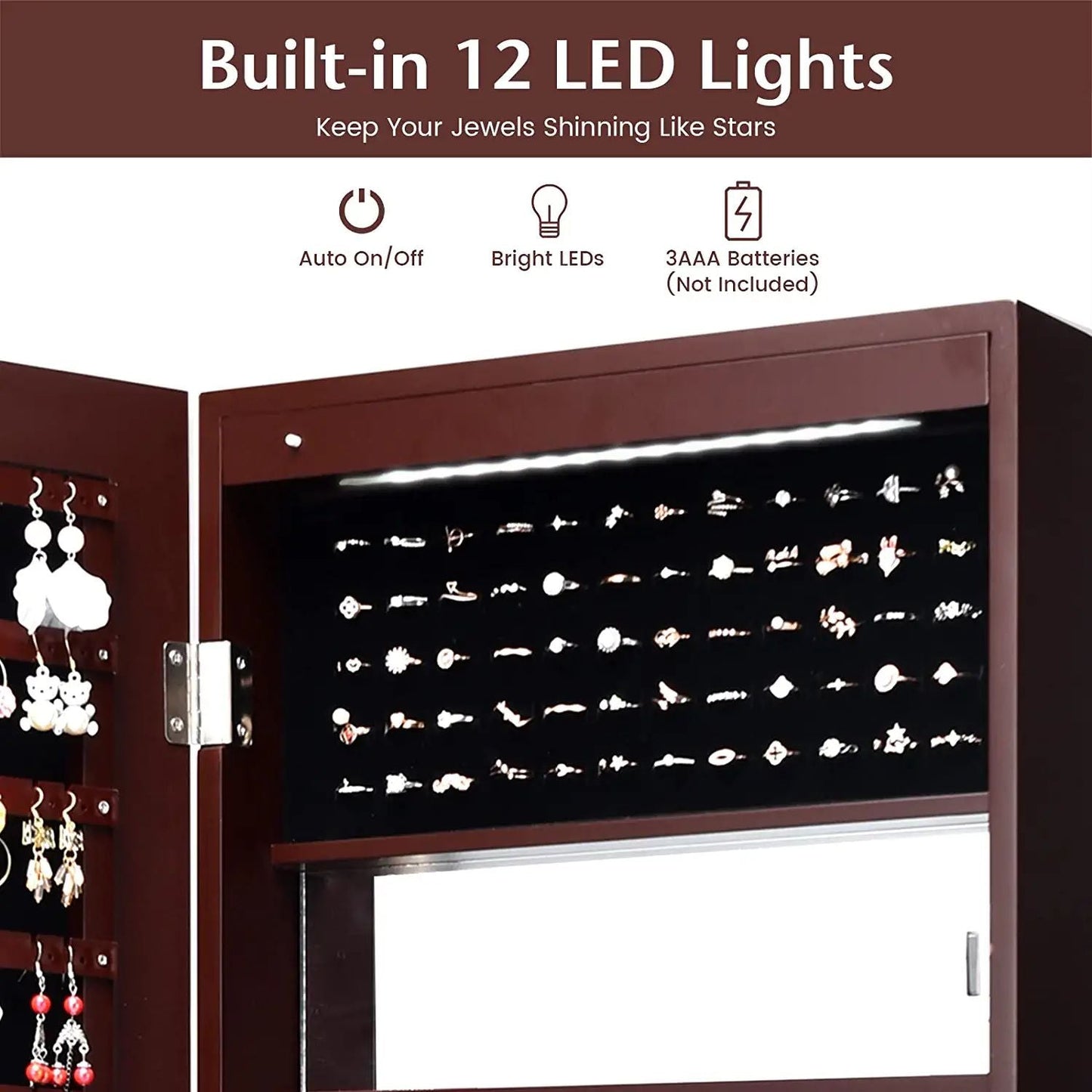 Armario para joyas con espejo, montado en pared o puerta, con luces LED, marrón