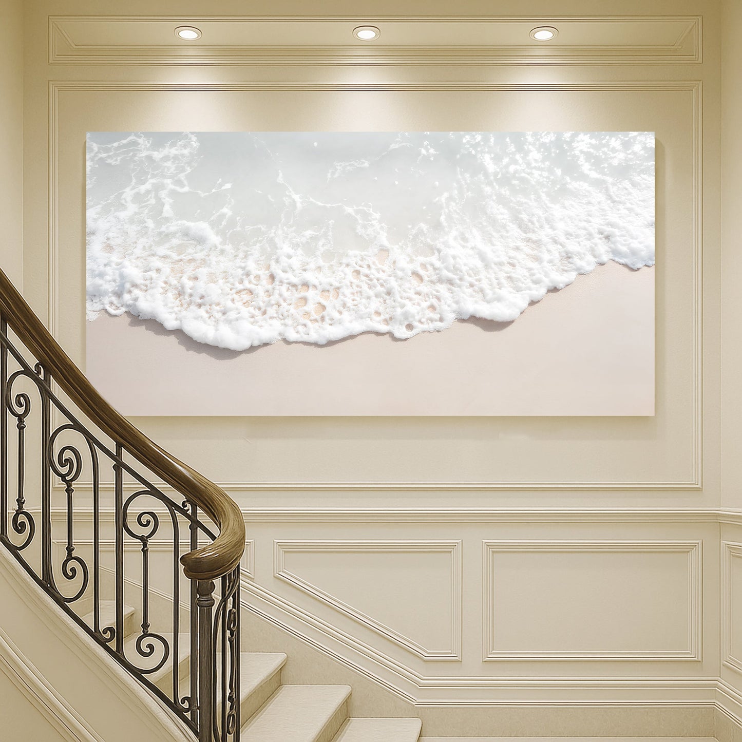 Sandy Waves Wall Art canvas by Tailored Canvases on beige paneled staircase wall on Tampa Home & Garden Store