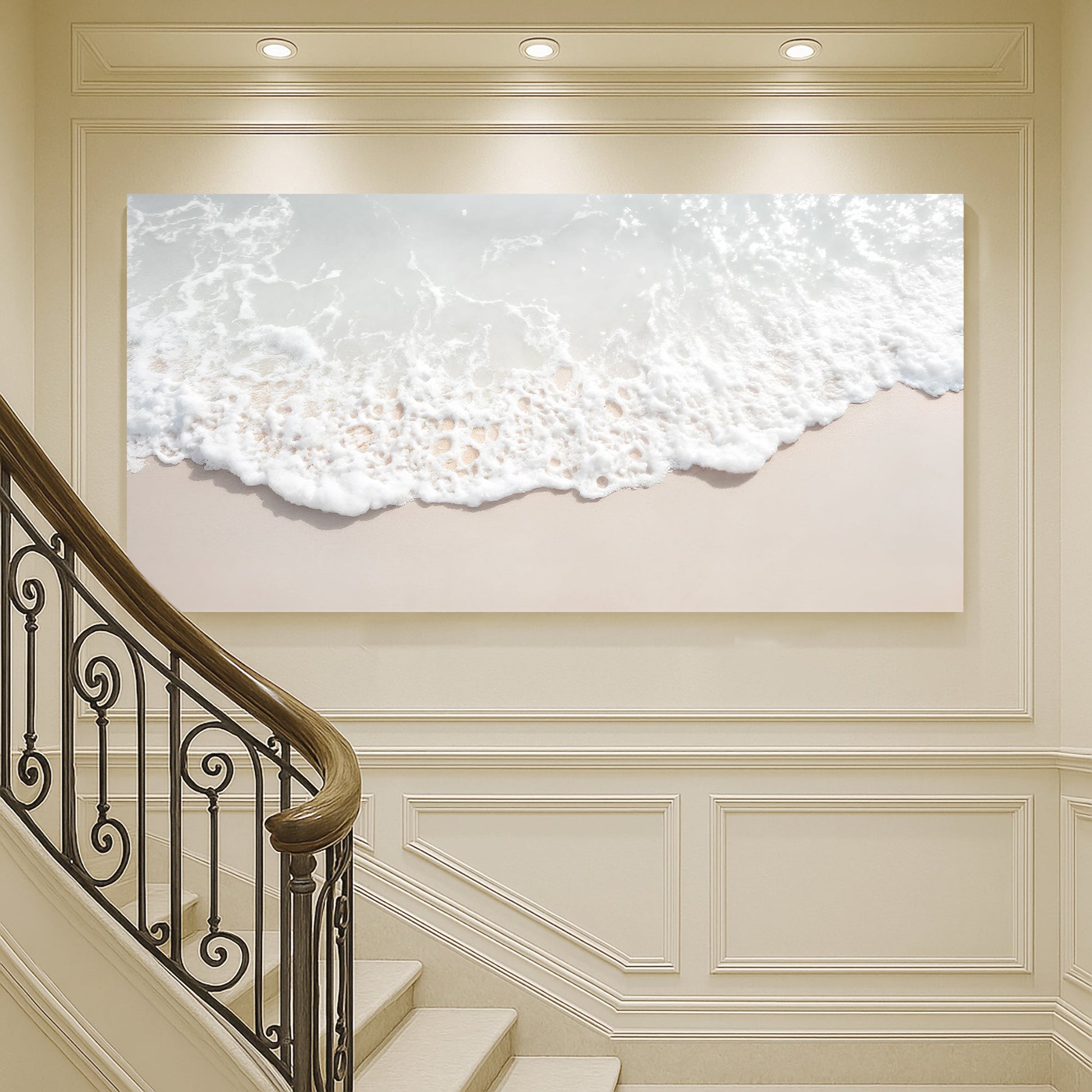 Sandy Waves Wall Art canvas by Tailored Canvases on beige paneled staircase wall on Tampa Home & Garden Store