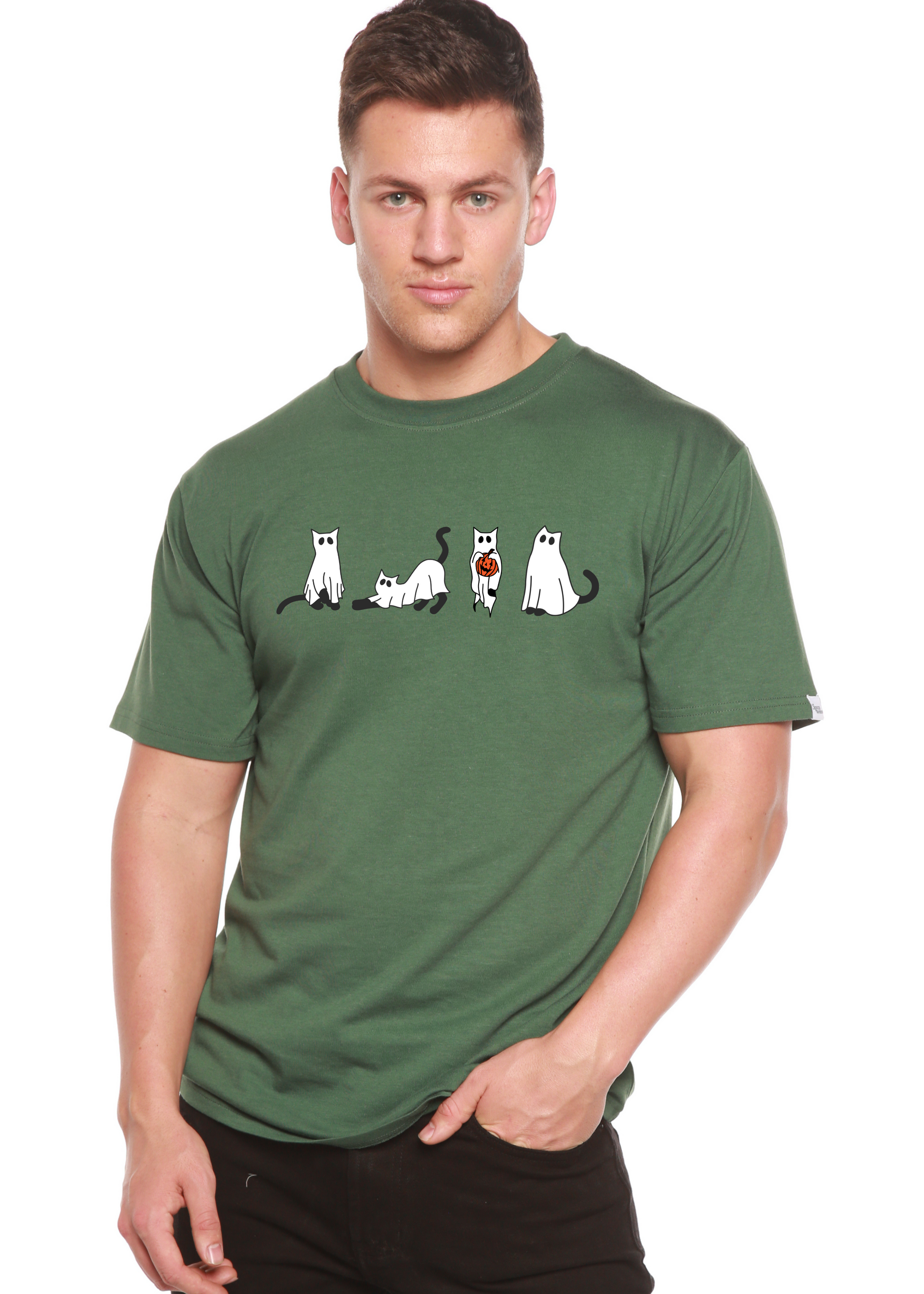 Halloween Cats Men's Bamboo Viscose/Organic Cotton Graphic Tee green with white cat silhouettes on Tampa Home & Garden Store