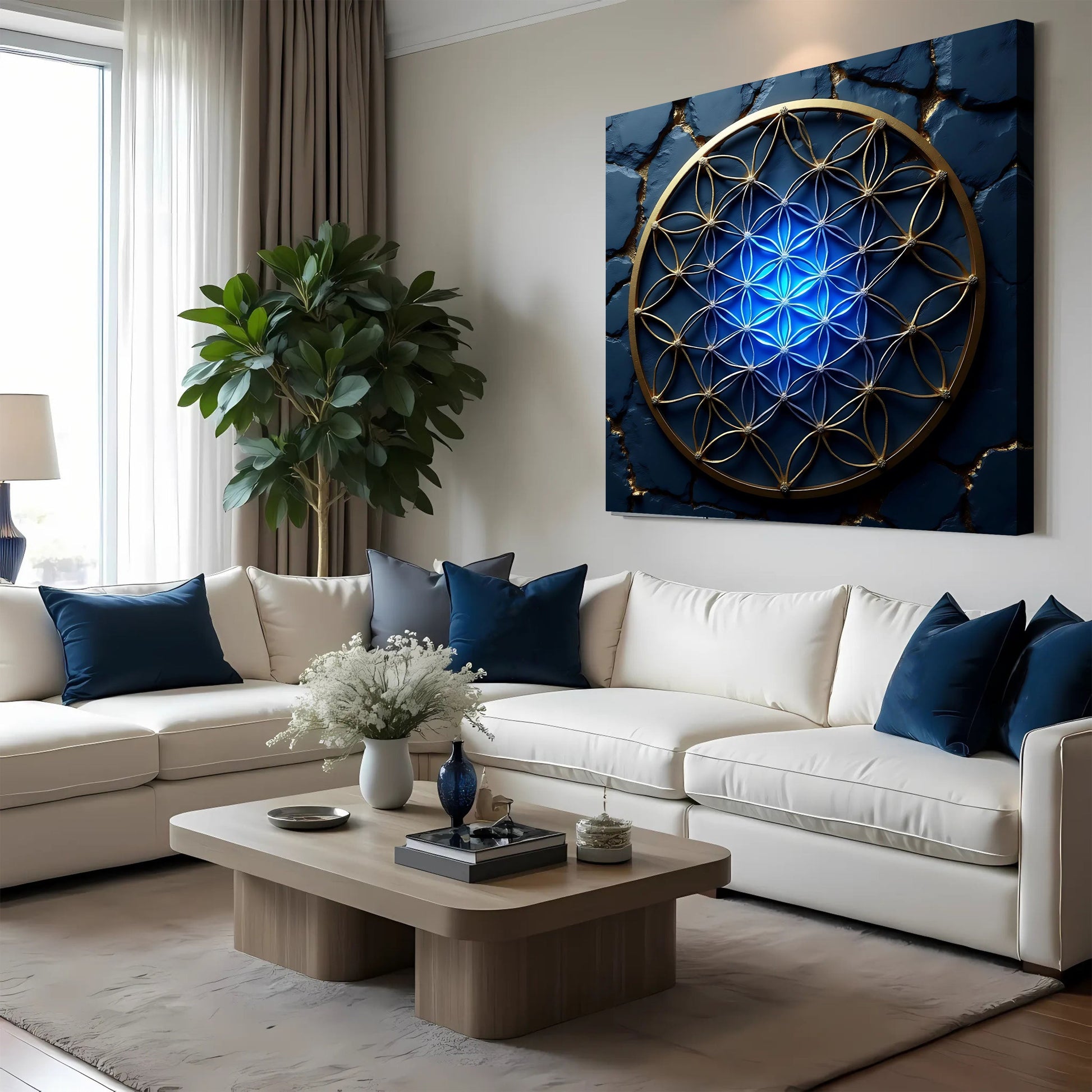 Flower Of Life Wall Art II canvas by Tailored Canvases in blue gold geometric design on Tampa Home & Garden Store