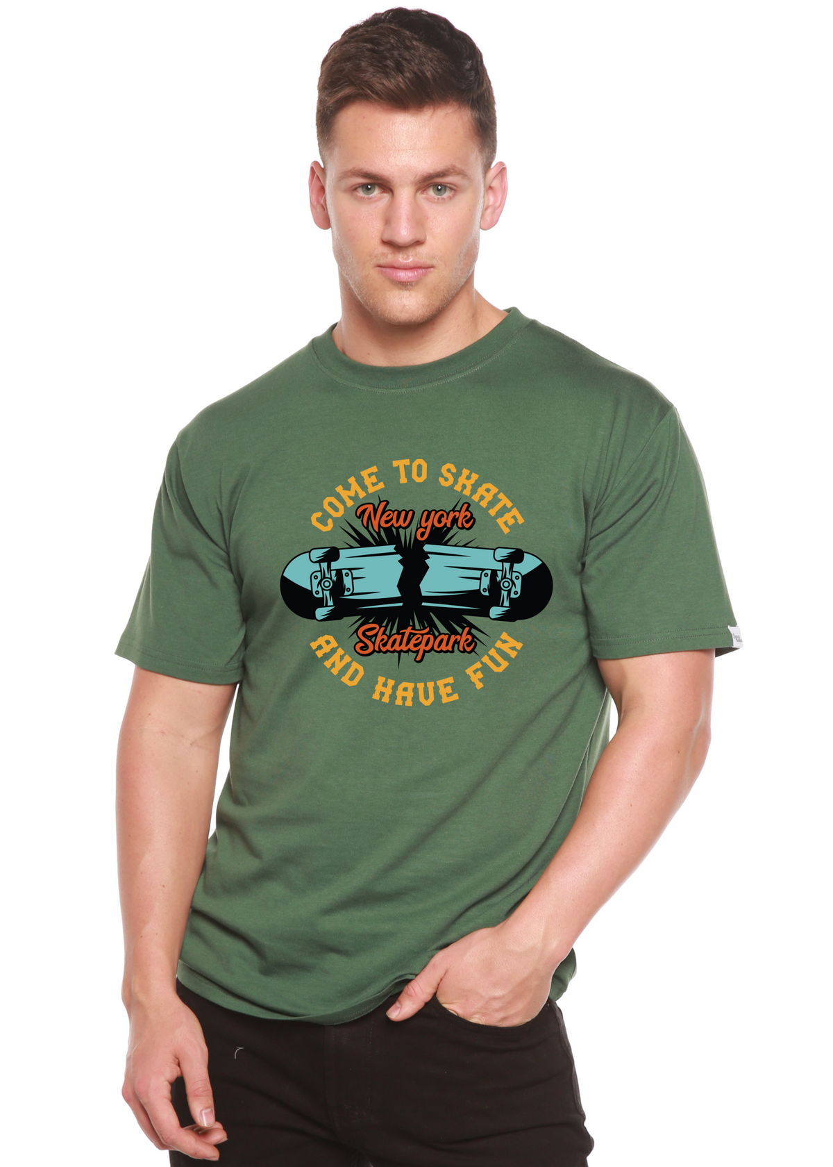 New York Skatepark men's bamboo viscose/organic cotton graphic T-shirt, green short sleeve with skateboard print on Tampa Home & Garden Store